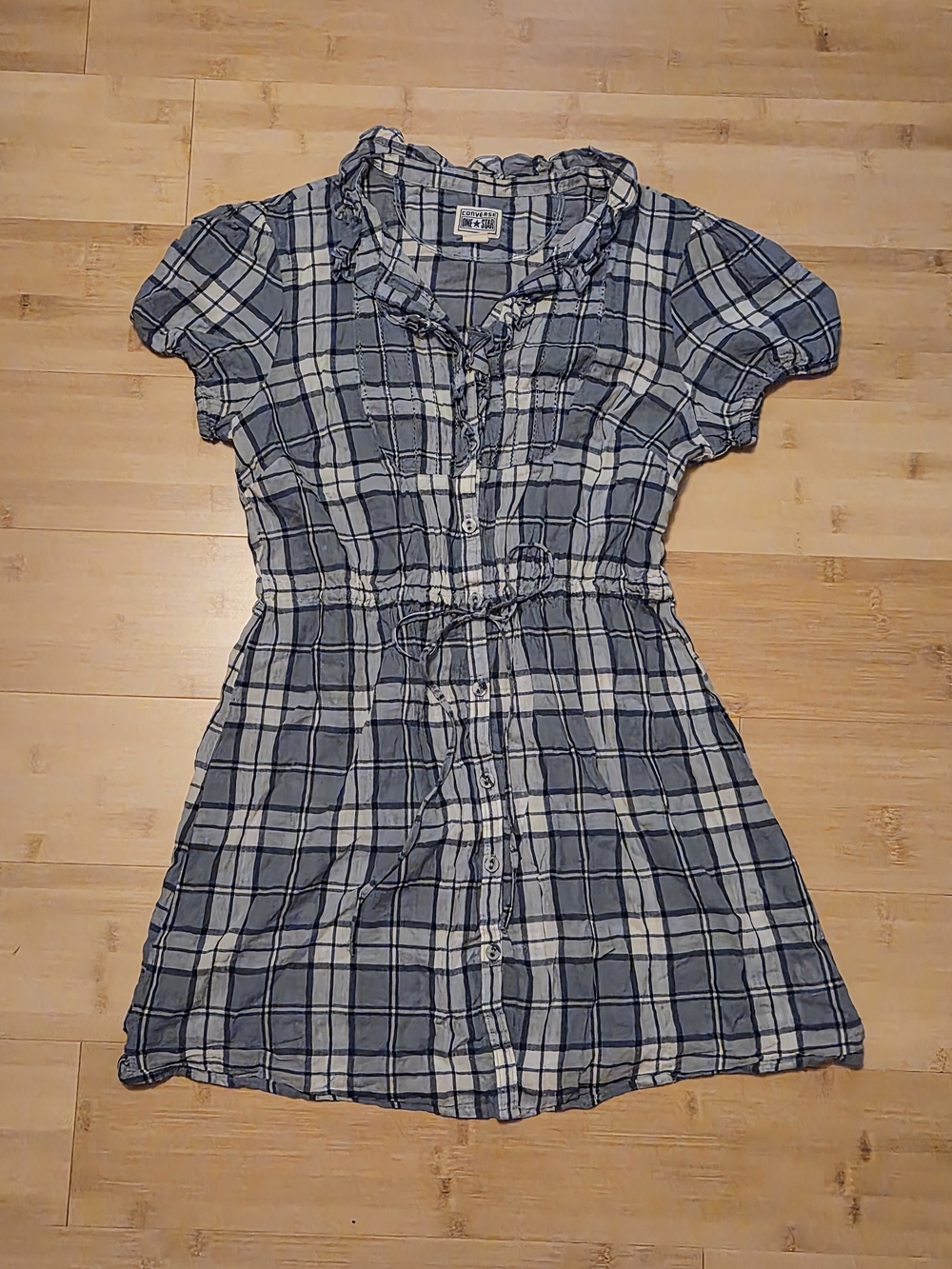 ​Converse 1O0% Cotton One Star Blue Plaid Tunic Top Ruffle Drawstring Waist M